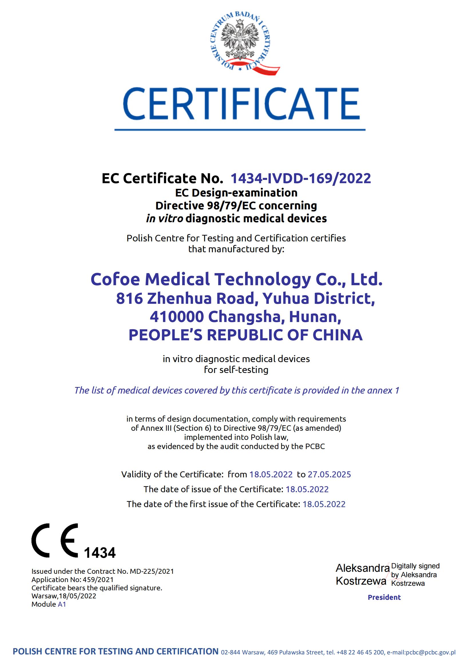 Cofoe got AG self-test access to EU markets after getting the CE1434 Certificate on 18th May